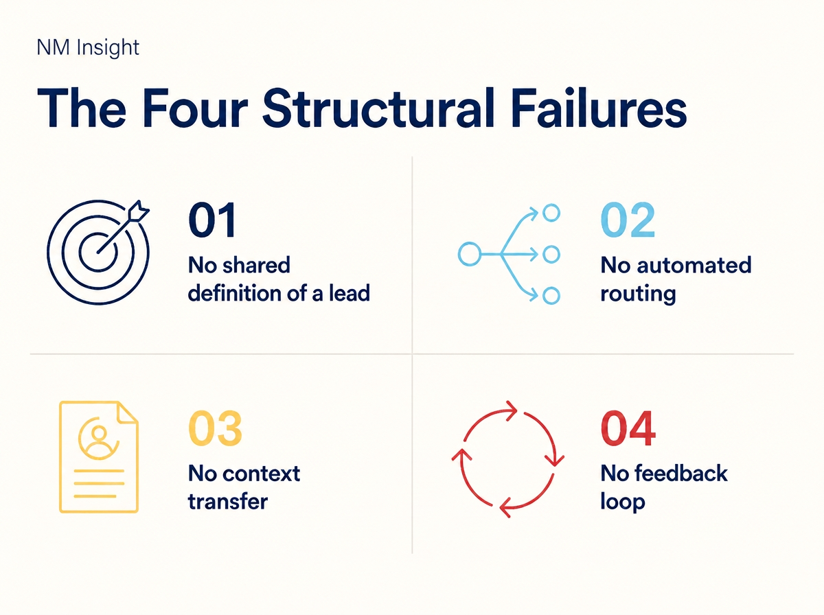 2x2 grid of the four structural failures in marketing-to-sales handoff: no shared lead definition, no automated routing, no context transfer, no feedback loop.