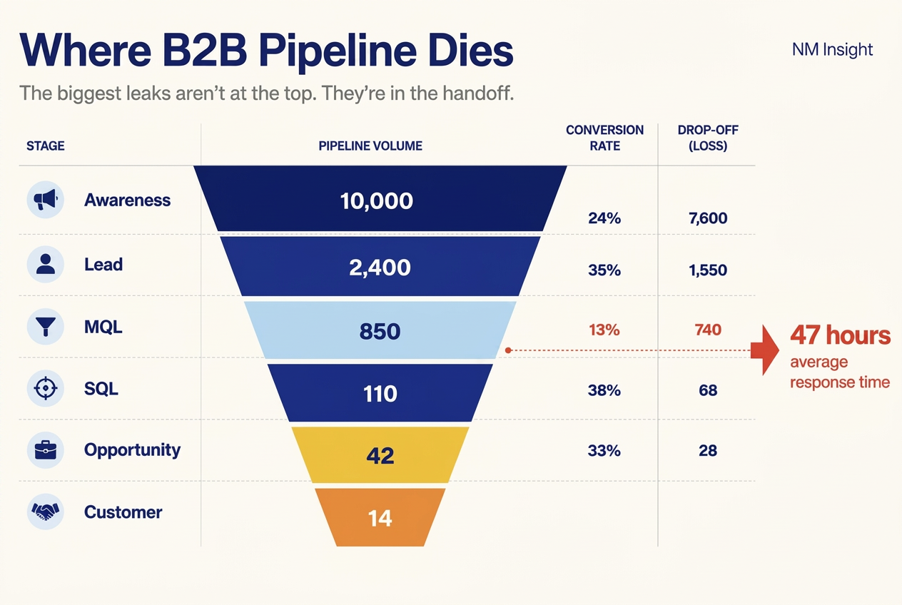 Funnel showing where B2B pipeline leaks — most attrition happens at the marketing-to-sales handoff, where average response time is 47 hours.
