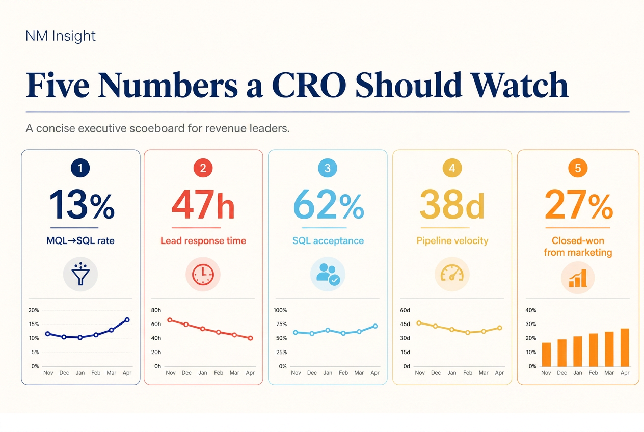 Executive scoreboard dashboard of five CRO metrics: MQL to SQL rate, lead response time, SQL acceptance rate, pipeline velocity, and closed-won from marketing-sourced leads.