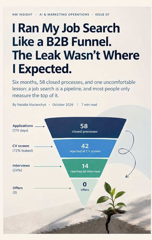 Natalia's job-search funnel: 58 closed processes, 42 rejected at CV screen, 14 reaching interview stage, and zero offers.